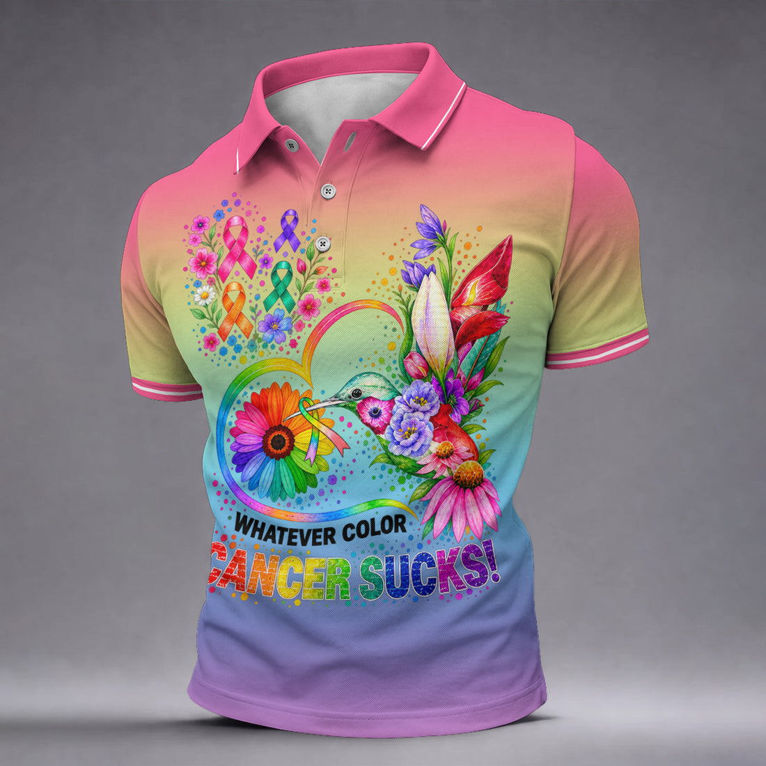 Whatever Color Cancer Sucks Hummingbird Polo Shirt, Mens Golf Polo, Men's Golf Shirt