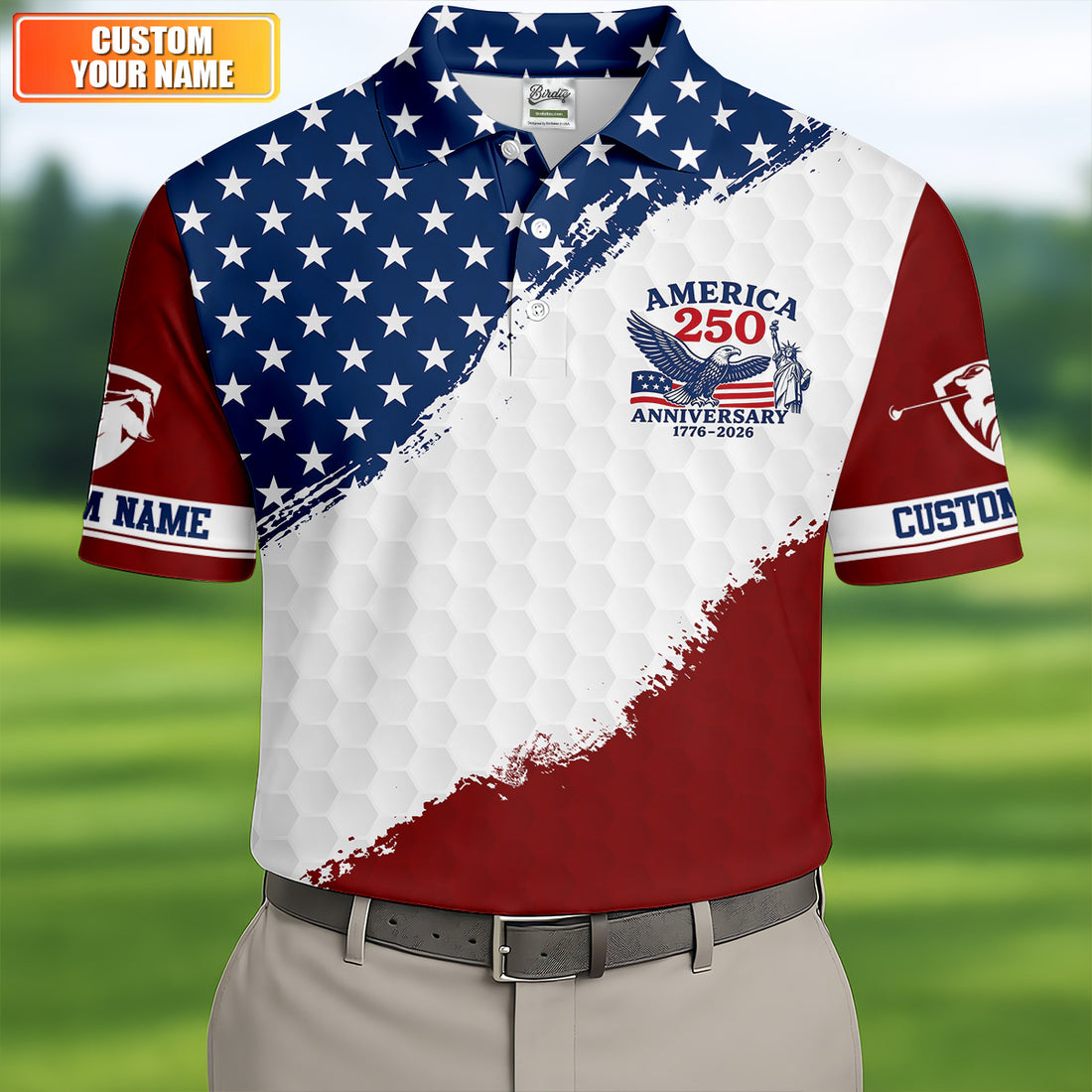 Red White Blue Splatter Paint Golf Ball Pattern 4th Of July Golf Shirt, 250th Anniversary Golf Shirts For Men