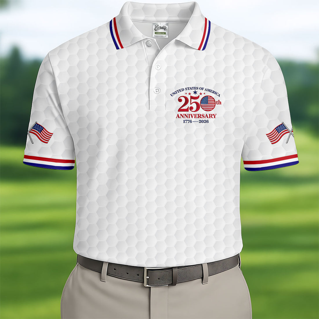 USA 250th Anniversary Golf Ball Pattern White Golf Shirt, 4th Of July Patriotic Golf Shirts For Men