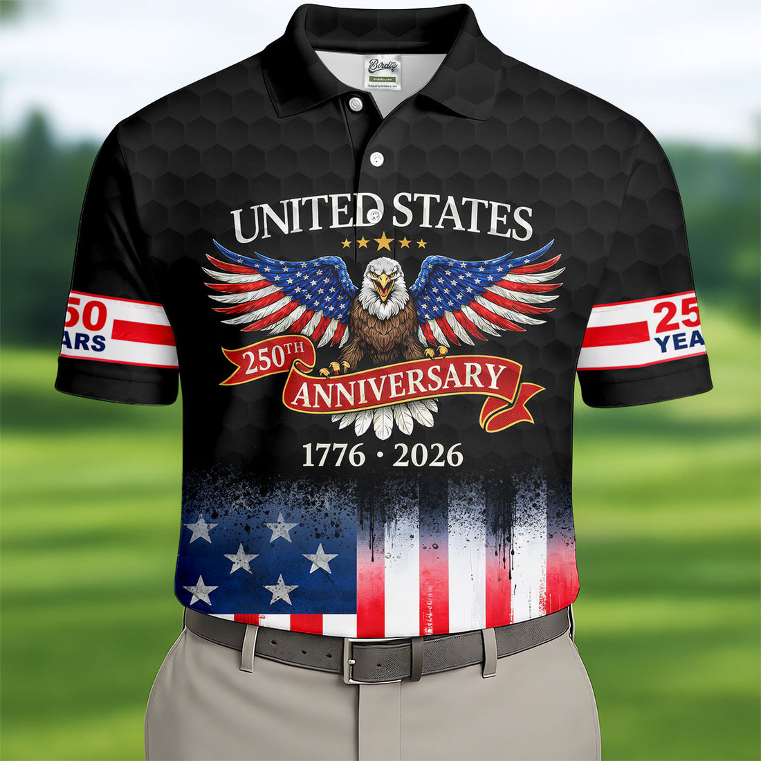 US Bald Eagle 250th Anniversary Celebration Ribbon Black Golf Shirt, Patriotic 4th Of July Golf Shirts For Men