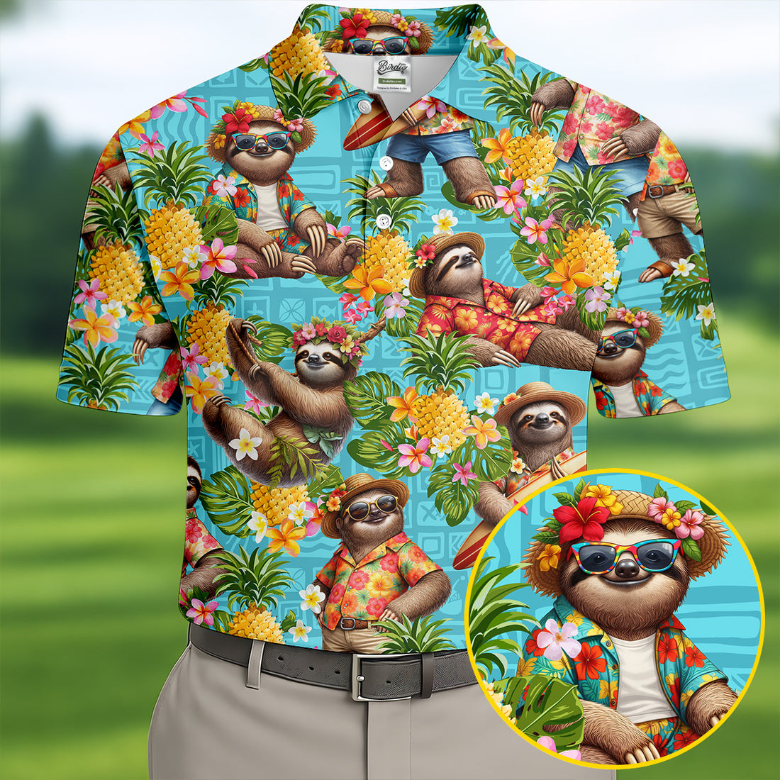 Vacation Sloths Among Tropical Blooms Hawaiian Golf Polo, Golf Tops For Men, Golfing Apparel