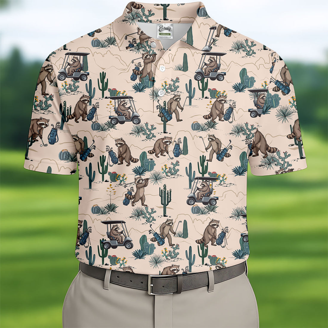 Funny Raccoon Desert Golf Pattern Polo Shirt, Mens Golf Polo, Printed Golf Shirts
