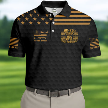 Custom Name Black Gold DD-214 Golf Polo Shirt, Veterans Day Shirt, Mens Golf Shirts