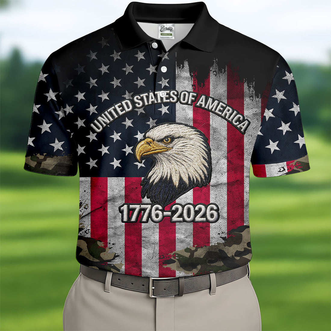 USA Bald Eagle 250 Years Camo American Flag Golf Shirt, Patriotic 4th Of July Golf Shirts For Men