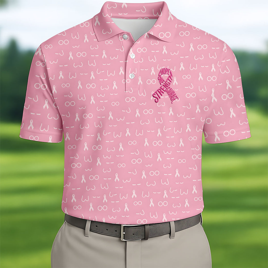 Hope Love Faith Strength Courage Breast Cancer Polo Shirt, Mens Golf Polo, Mens Golf Shirts
