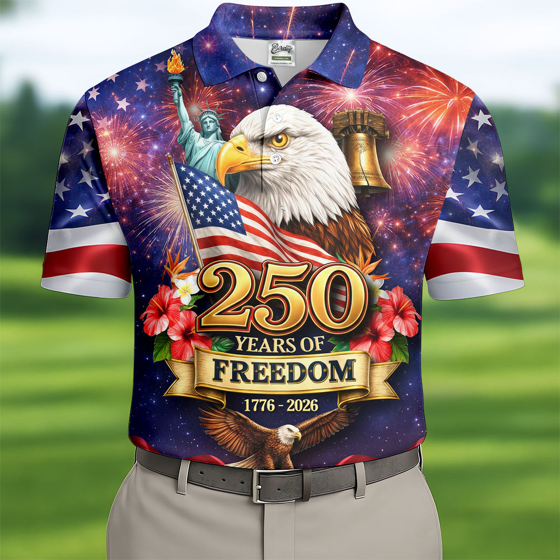250 Years Of Freedom 1776-2026 Galaxy Pattern 4th Of July Golf Tops For Men, 250th Anniversary Patriotic Golf Shirt