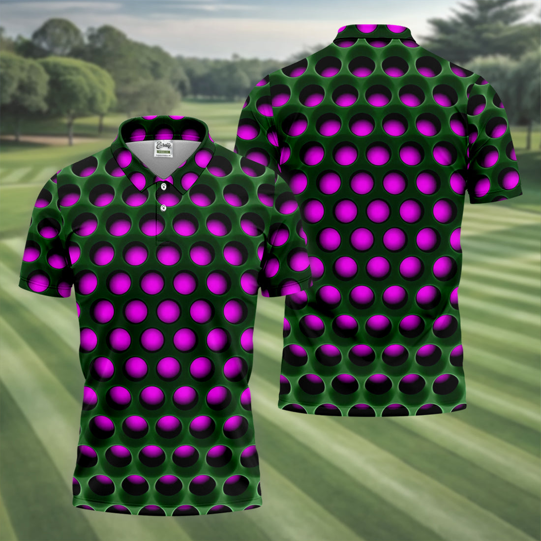 3D Effect Circular Pattern Purple Golf Shirt, Cool Golf Outfit, Men's Funny Golf Shirts, Polo Shirts For Men
