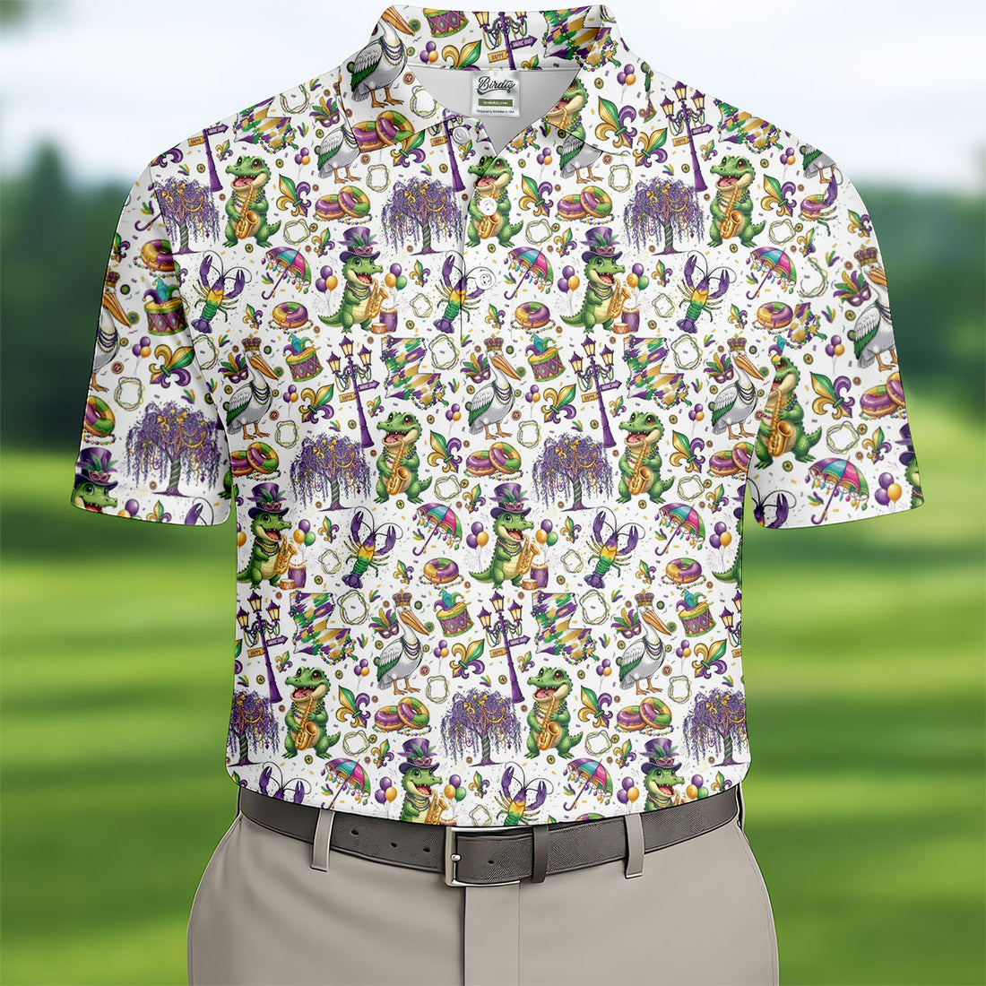 Mardi Gras Fleur De Lis Animal Band White Golf Shirt, Golf Tops For Men, Polo Shirts For Men