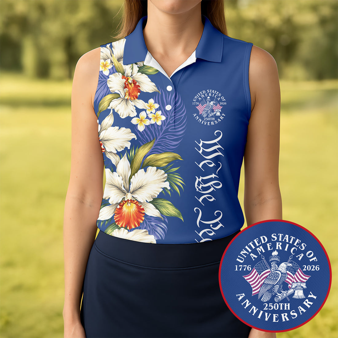 We The People Floral Pattern US Flag Golf Shirt, 250 Years 4th Of July Golf Shirt For Women