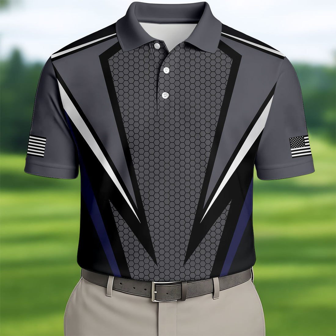 Thin Blue Line Patriotic Golf Shirt, Tactical American Flag Polo Shirt, Hexagon Performance Polo For Men