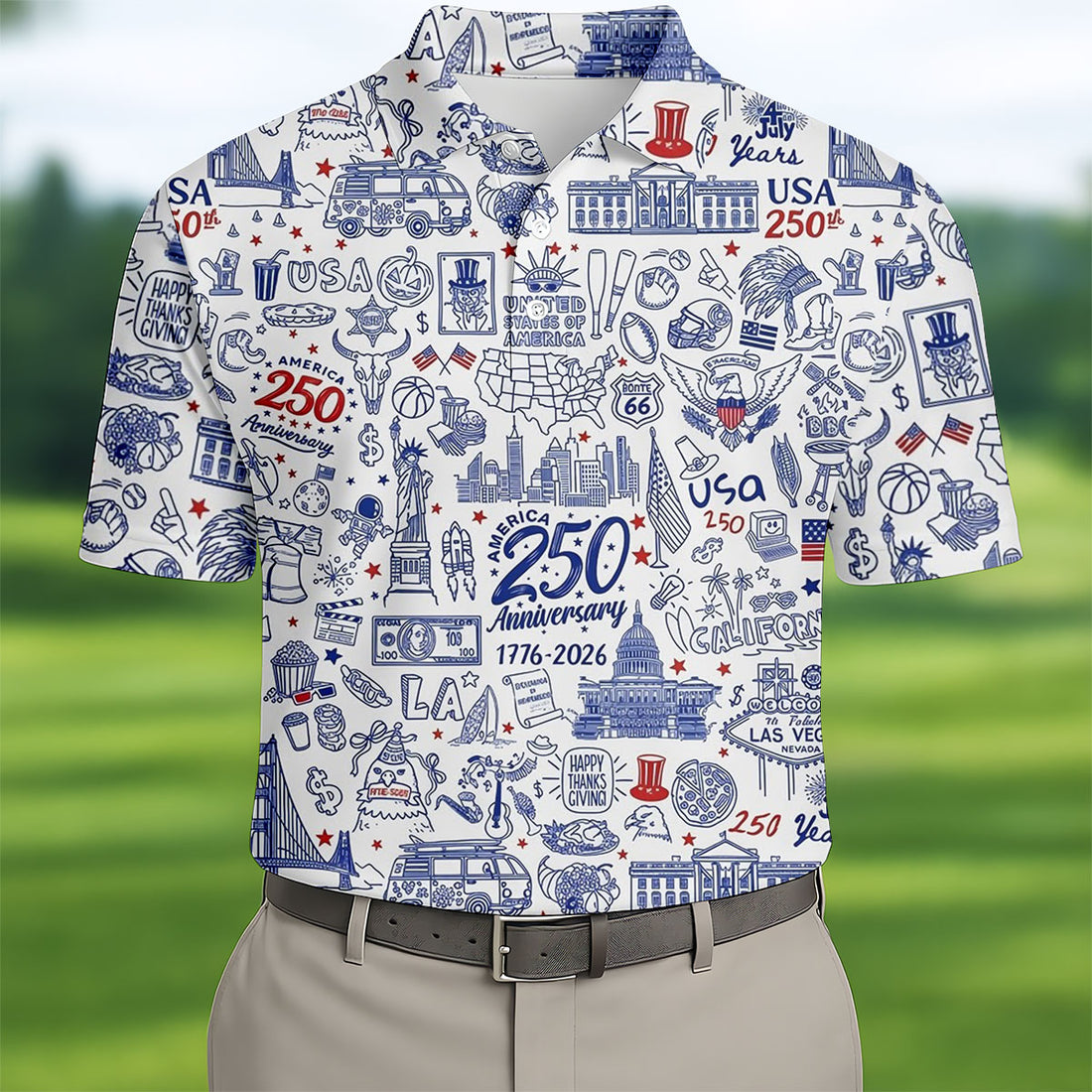 America 250 Anniversary US Symbols Doodle Pattern Patriotic Golf Shirt, 4th Of July Golf Shirts For Men