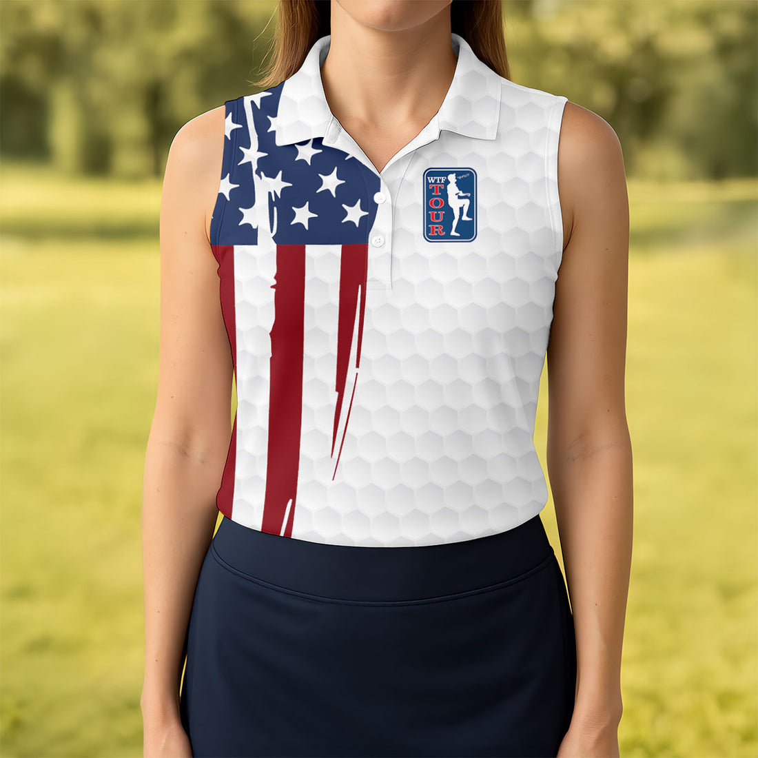 Golf Ball Pattern WTF Tour US Flag Patriotic Golf Shirt, 250th Anniversary Ladies Golf Shirts