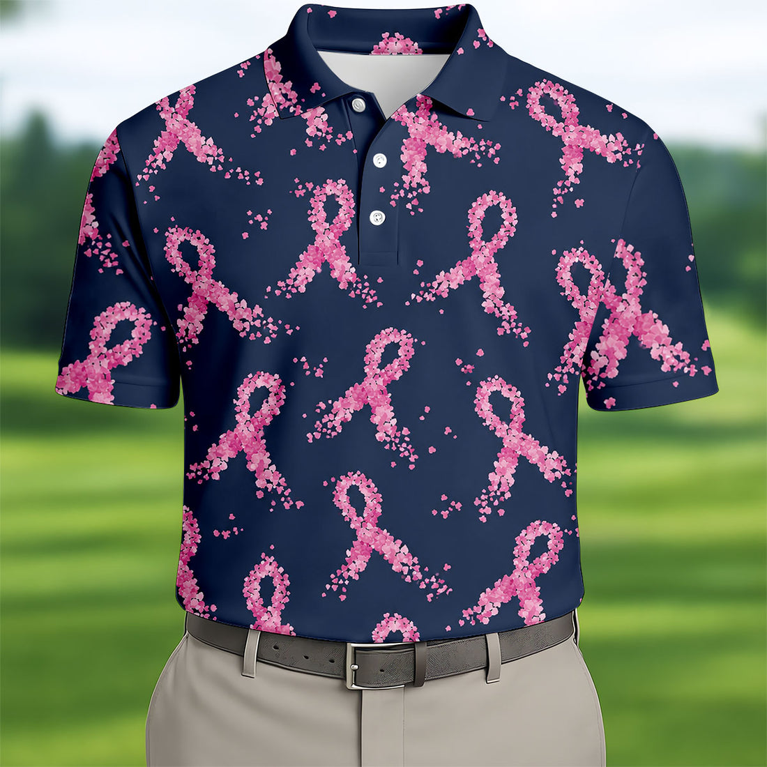 Pink Floral Ribbon Breast Cancer Awareness Polo Shirt, Men's Golf Shirt, Golf Apparel For Men