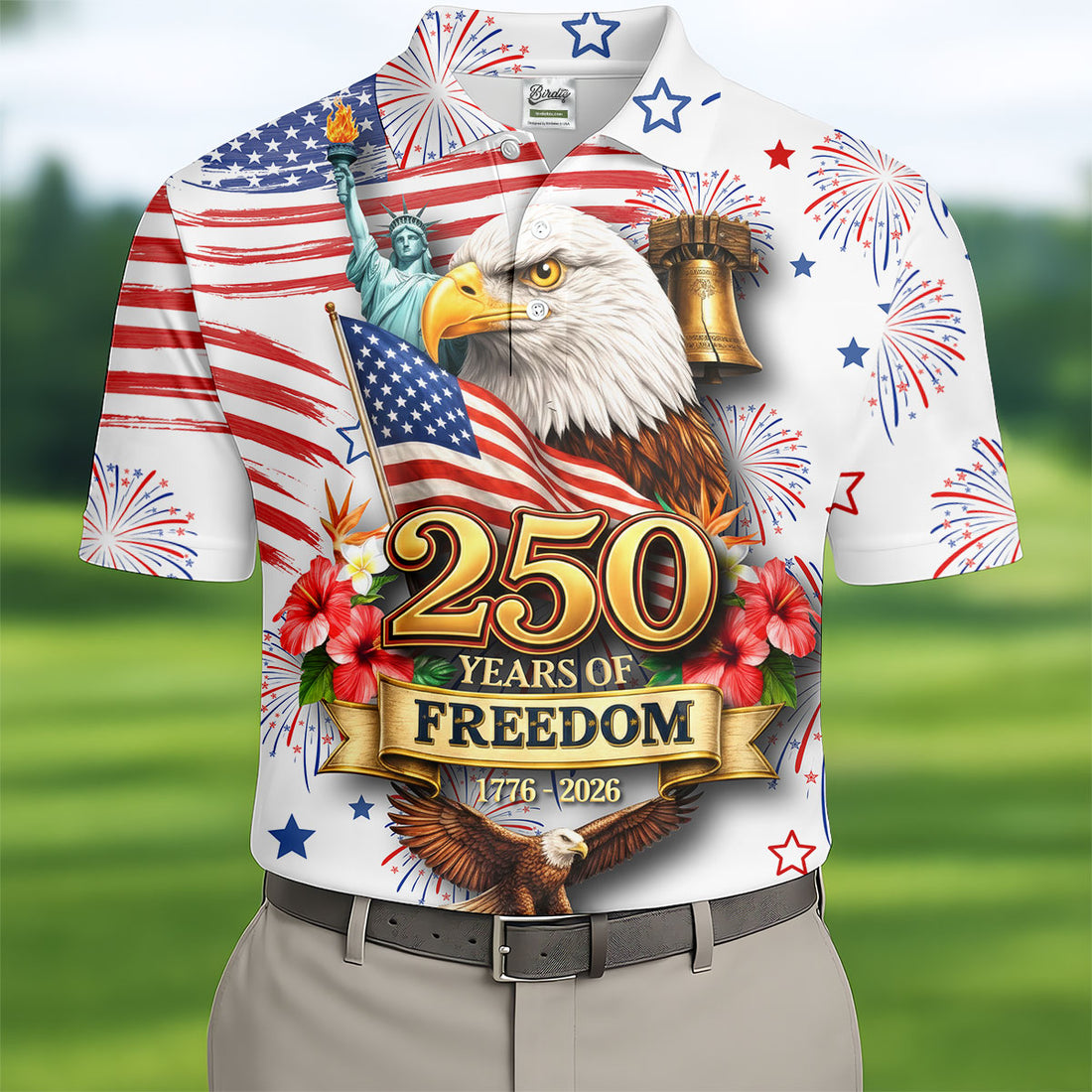 250 Years Of Freedom 1776-2026 White 4th Of July Golf Shirts For Men, 250th Anniversary Patriotic Golf Shirt