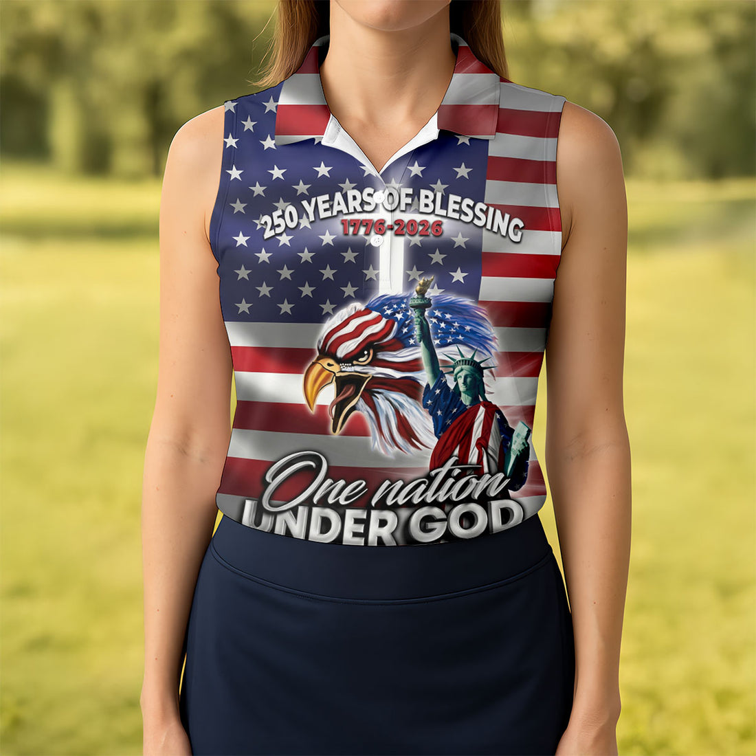 One Nation Under God 250 Years Of Blessing US Flag Golf Shirt, 4th Of July Golf Shirt For Women