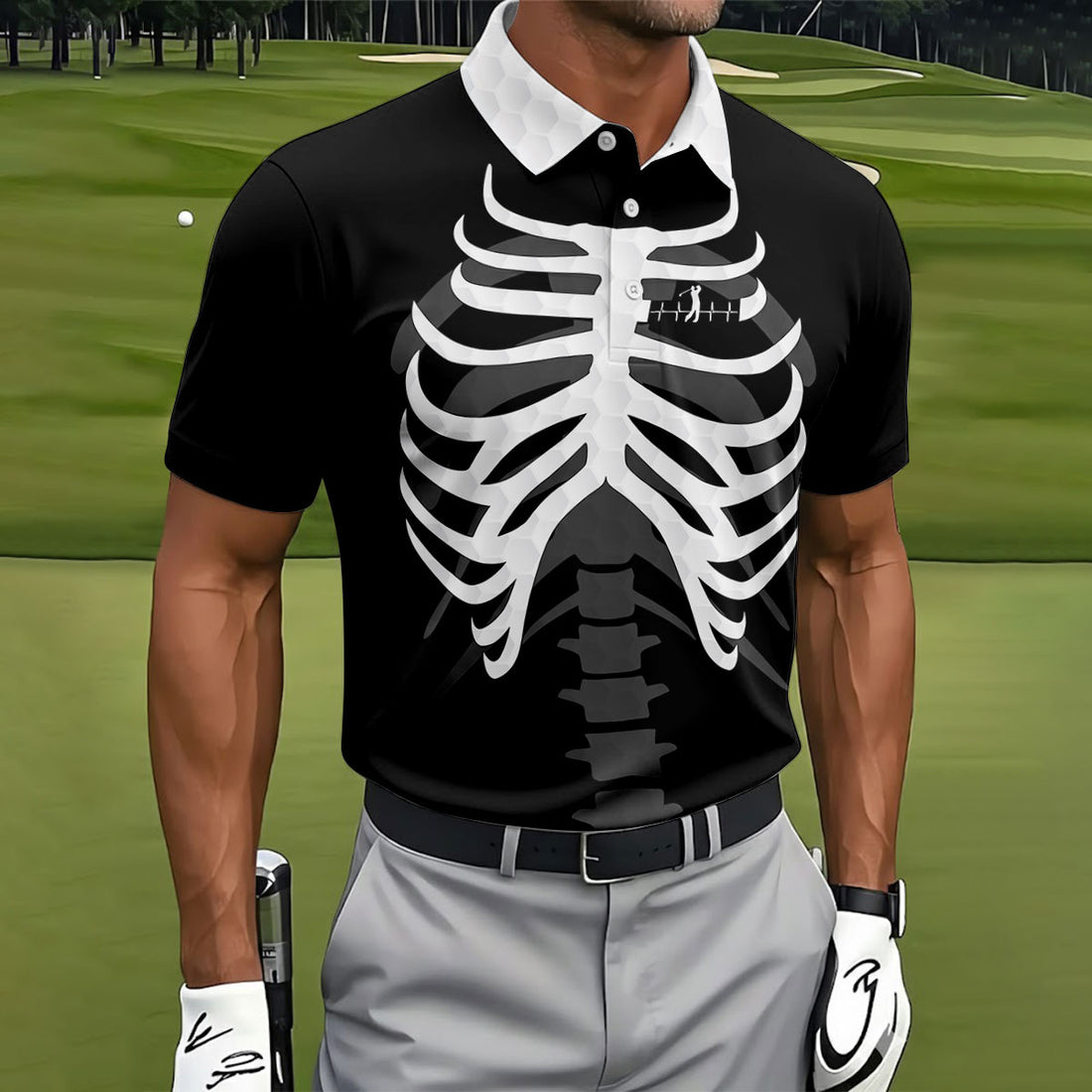 X-Ray Skeleton Rib Cage Halloween Golf Polo Shirt, Mens Golf Polo, Mens Golf Shirts
