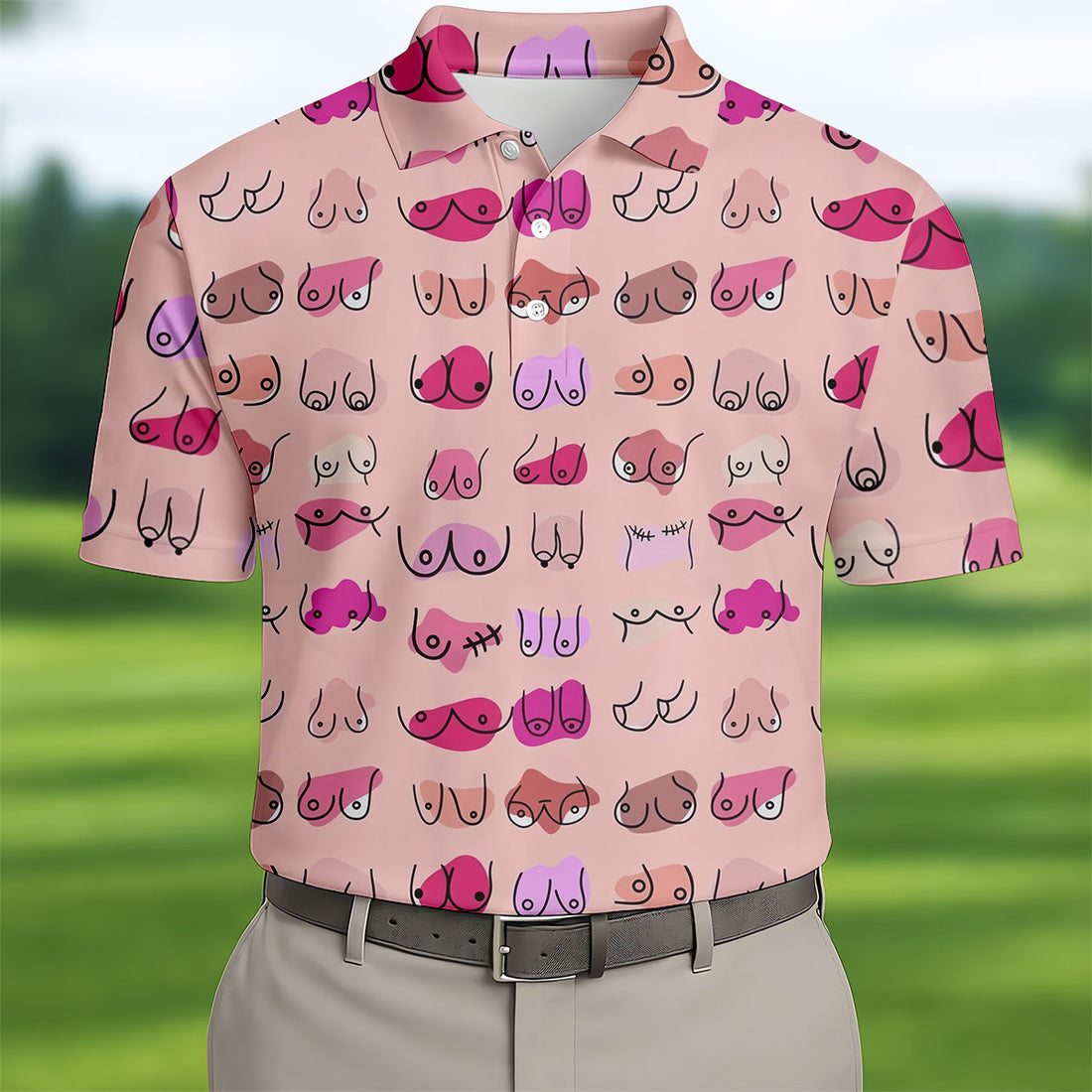 Pink Funny Boob Pattern Golf Polo Shirt, Men's Golf Shirts, Printed Golf Shirts