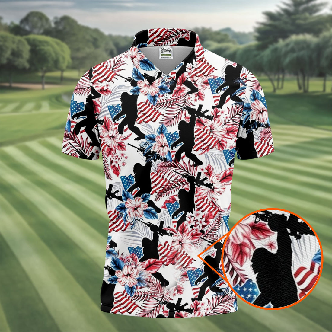 Hawaiian Bigfoot Military Theme American Flag Golf Shirt, 250th Anniversary Golf Shirts For Men