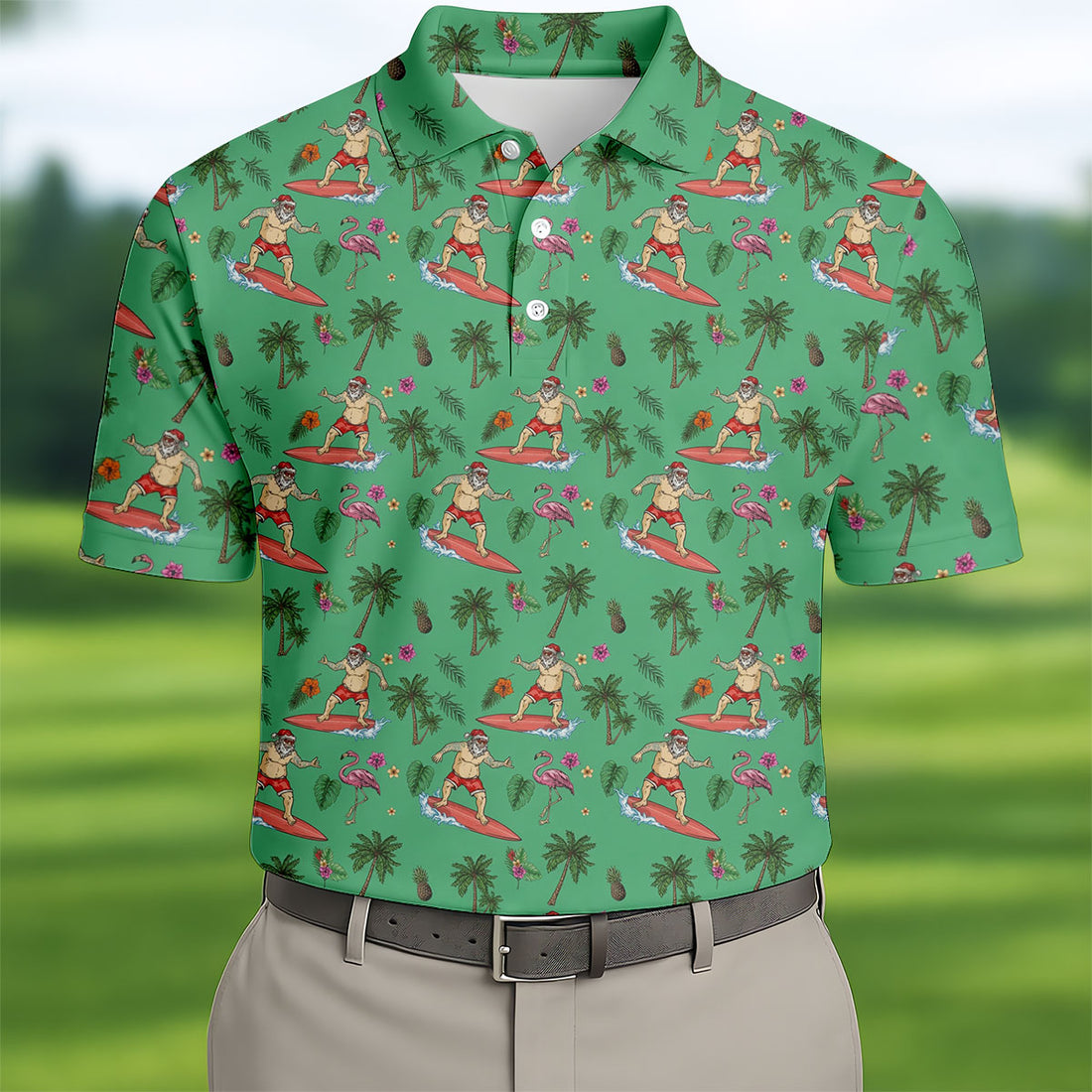 Santa Flamingo Tropical Golf Shirt, Christmas Golf Shirt, Golf Apparel For Men