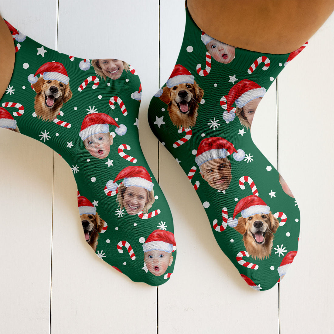 Custom Face Candy Cane Pattern Green Golf Socks, Christmas Golf Socks, Christmas Golf Gift