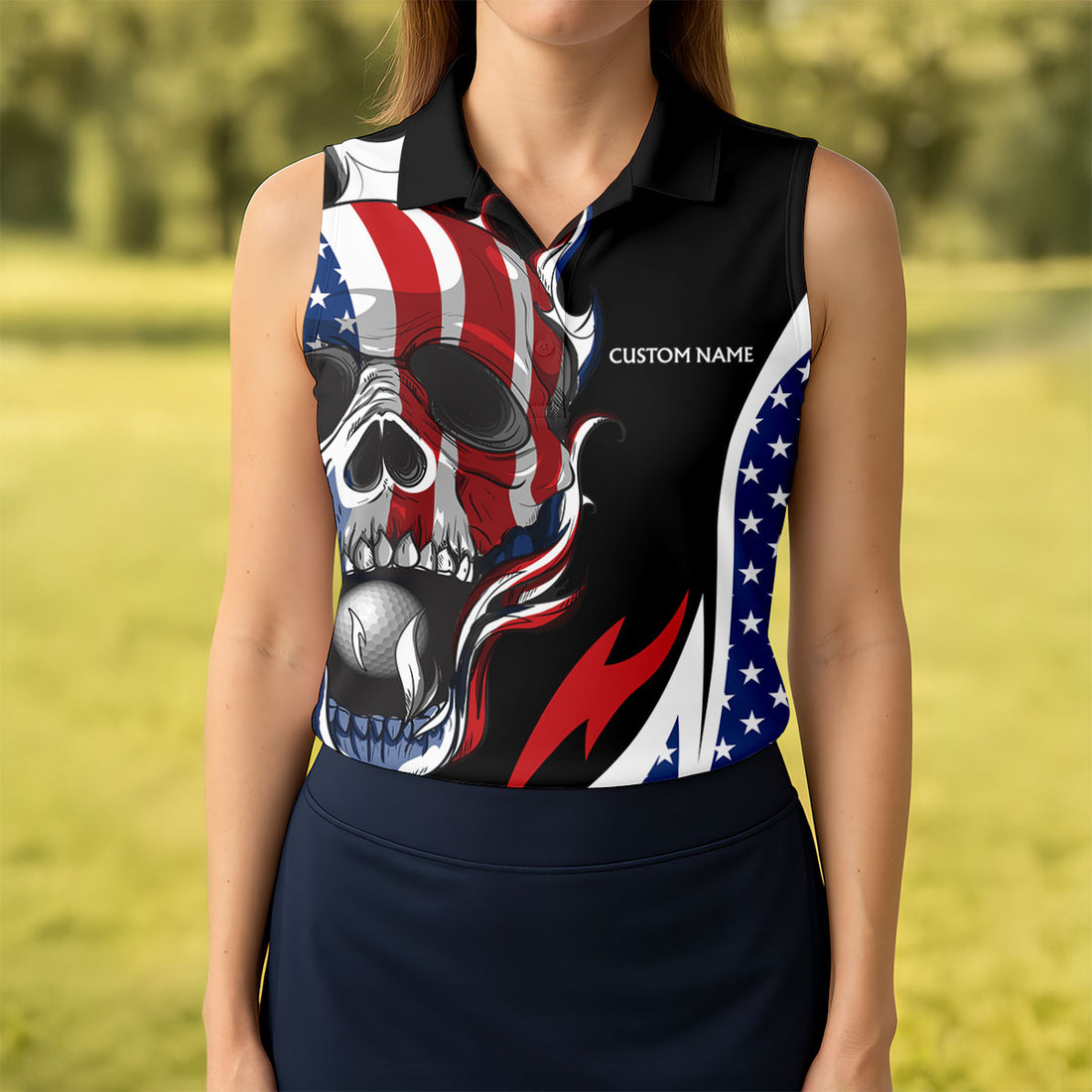 I Was One Under Today Cool Skull US Flag Golf Shirt, 4th Of July Patriotic Golf Shirt For Women