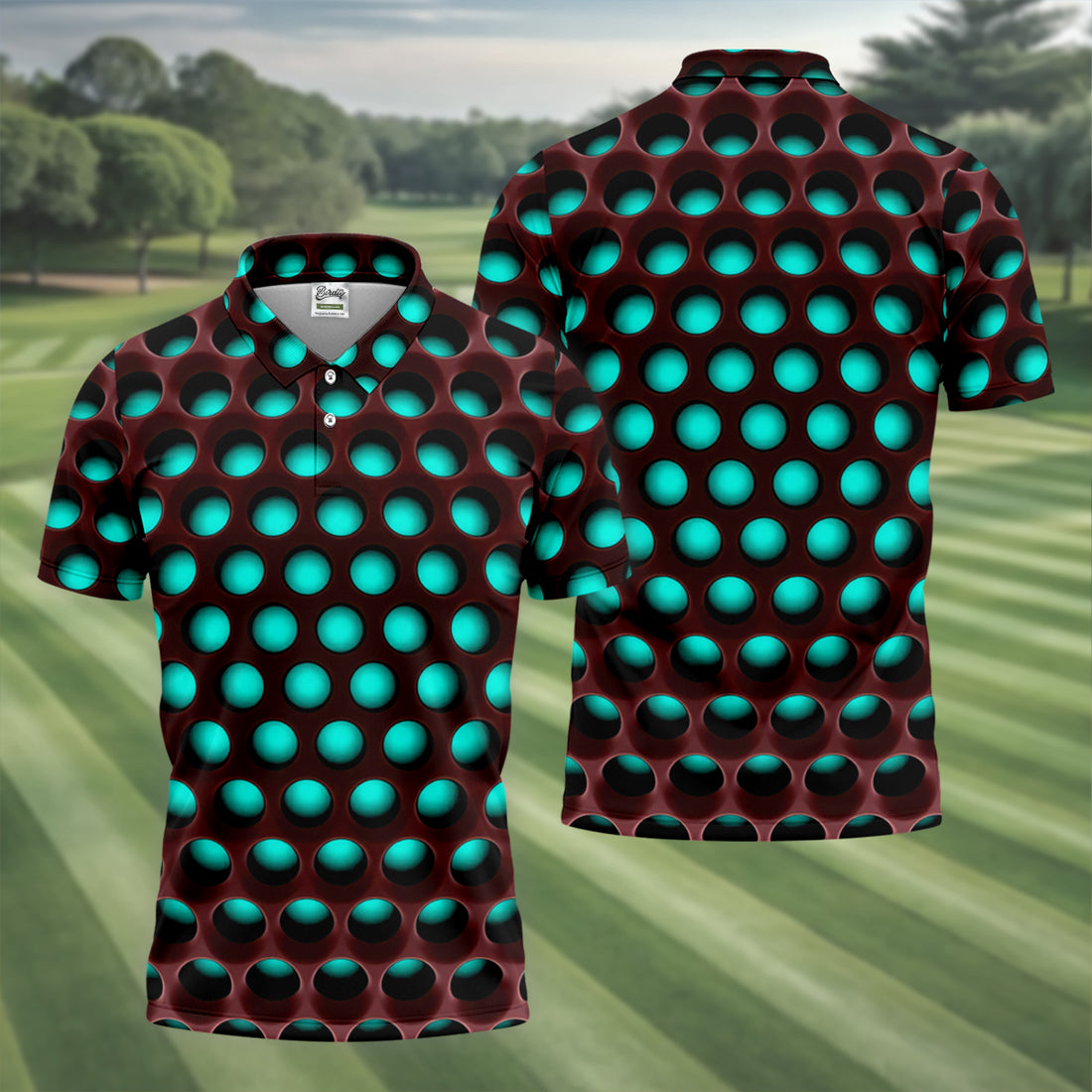 3D Effect Circular Pattern Blue Golf Shirt, Cool Golf Outfit, Men's Funny Golf Shirts, Polo Shirts For Men