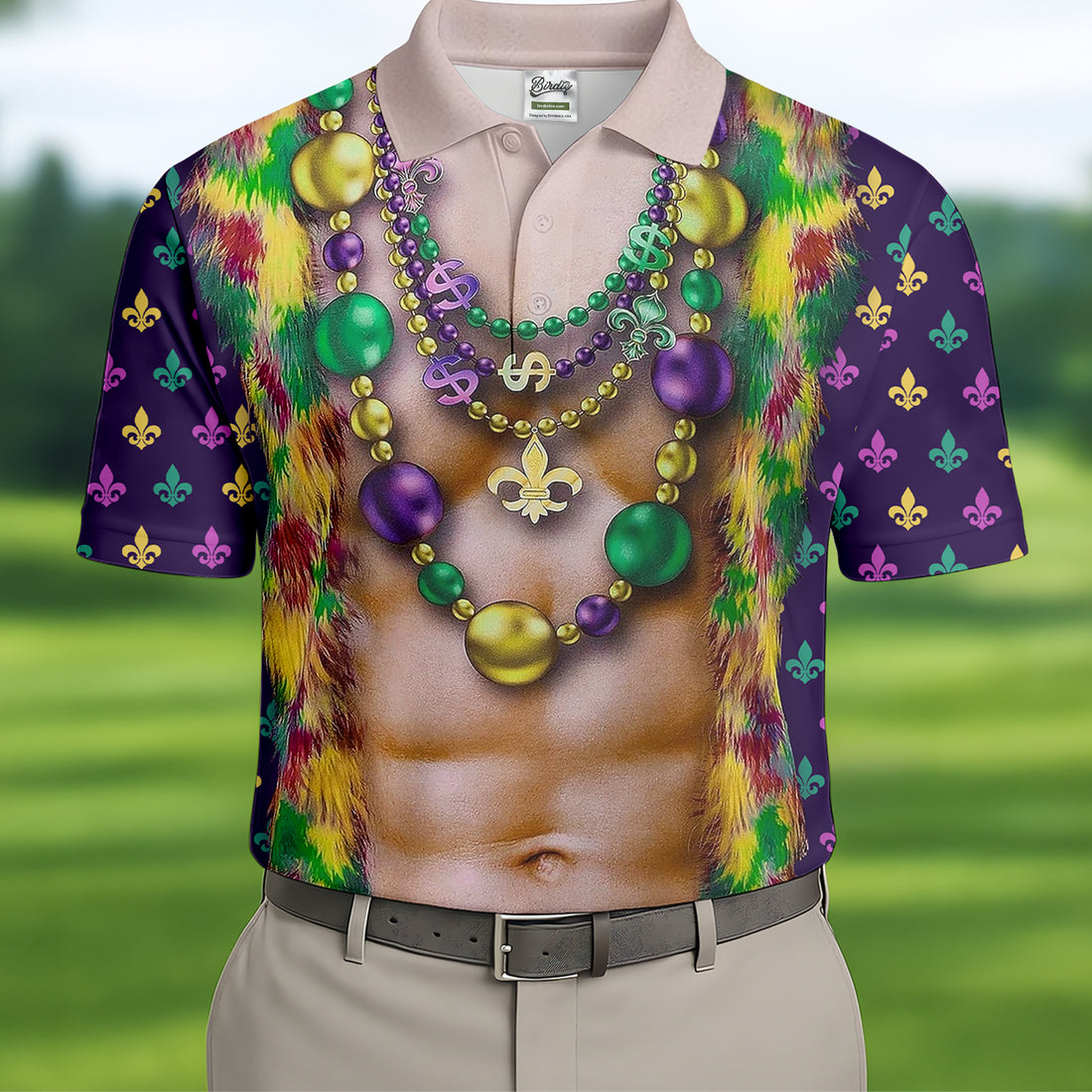 Green Purple Gold Fleur De Lis Symbol Fun Suit Mardi Gras Print Golf Shirt, Fun Golf Shirts For Men, Polo For Men