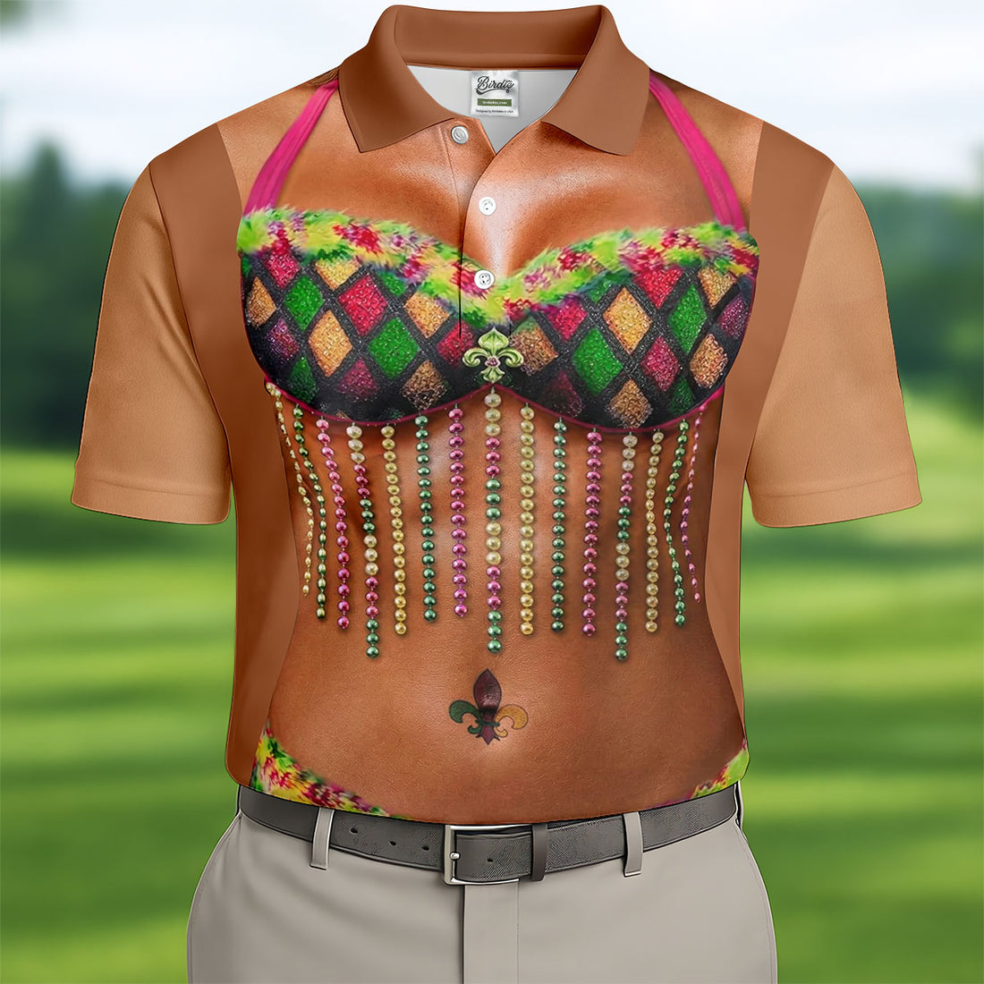 Muscle Body Funny Print Mardi Gras Golf Shirt, Fun Golf Shirts For Men, Polo Shirts For Men, Golf Shirts For Men