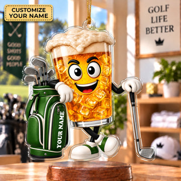 Custom Name Beer Glass Golf Acrylic Ornament, Golf Lover Gifts, Christmas Ornaments