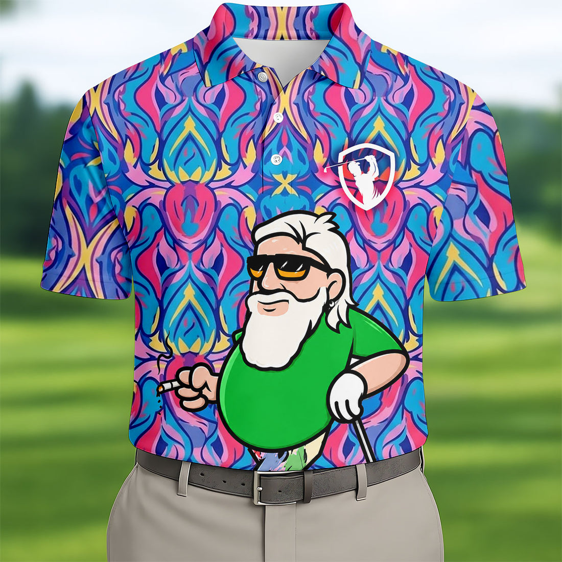 Colorful Psychedelic Santa Golfer Print Men's Golf Shirt, Mens Golf Apparel, Hawaiian Golf Shirt