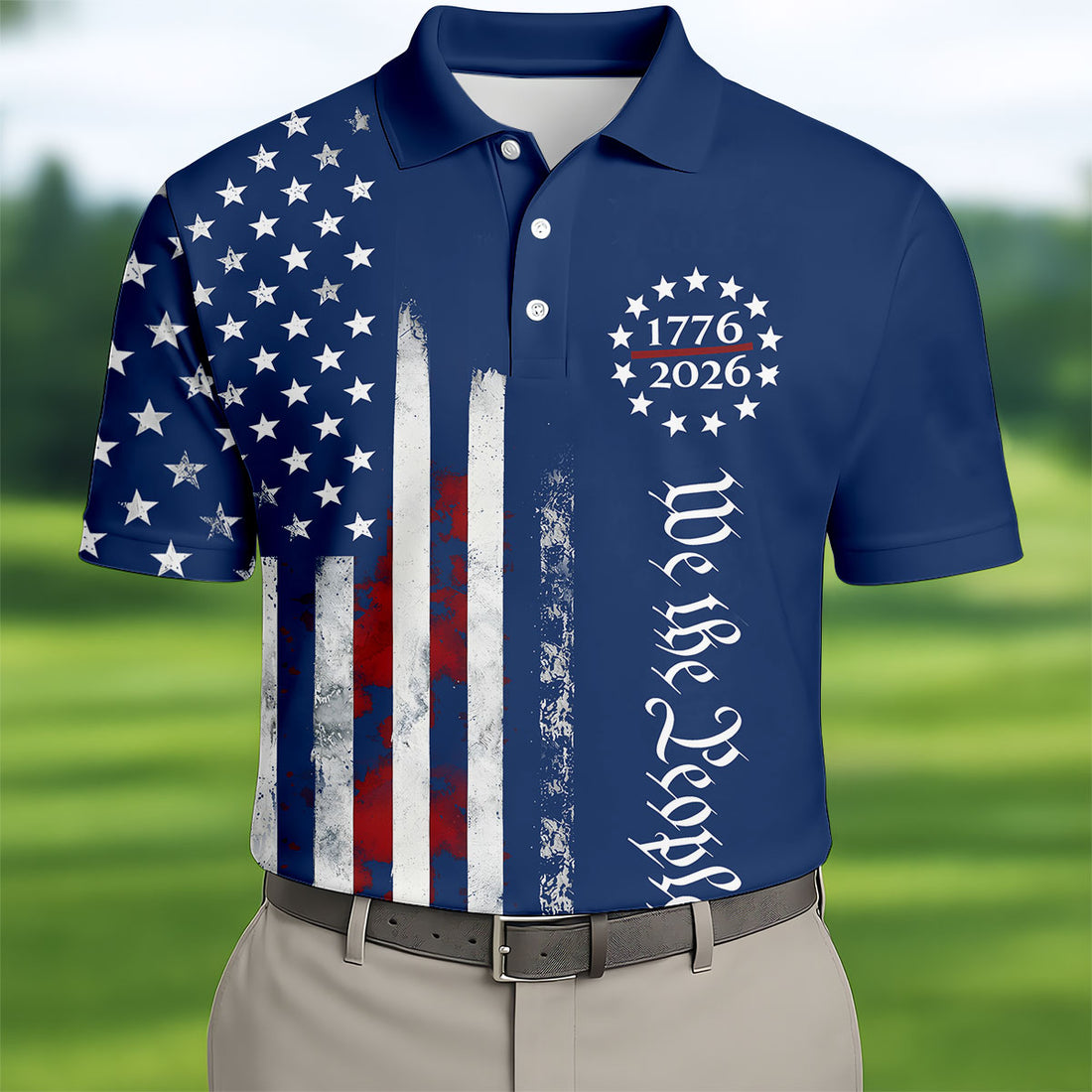 We The People Distressed Flag Patriotic Blue Golf Shirt, 250 Years 4th Of July Golf Shirts For Men