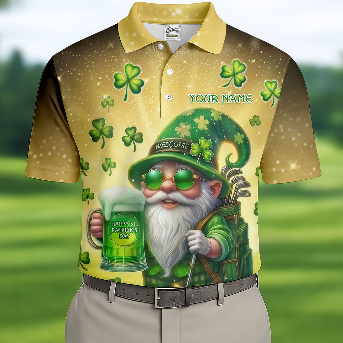 Happy St Patrick's Day Shamrock Gnome Golf And Beer Polo Shirts For Men, Golf Shirts For Men