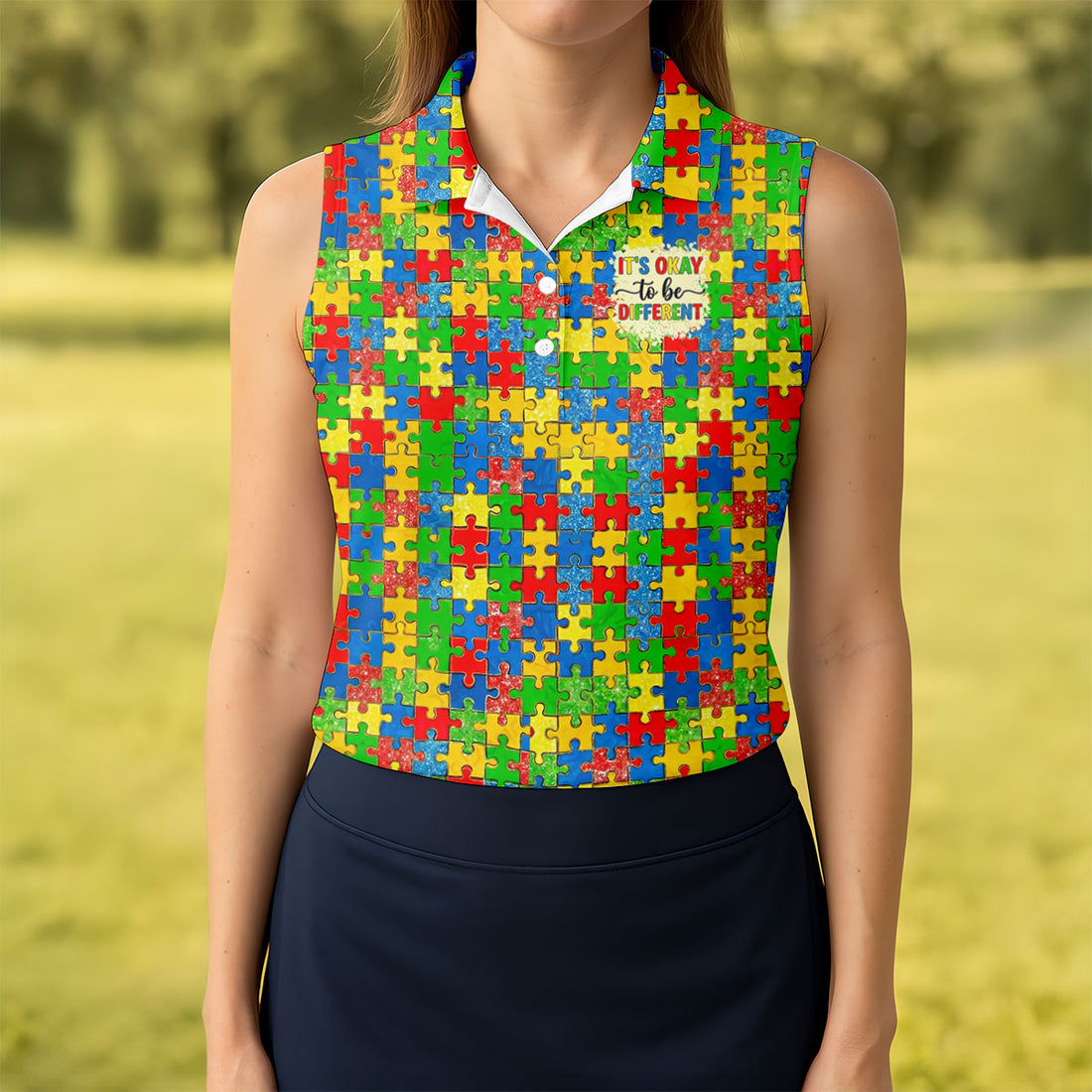 It's Okay To Be Different Colorful Puzzle Pattern Autism Awareness Golf Shirt For Women, Ladies Golf Polos