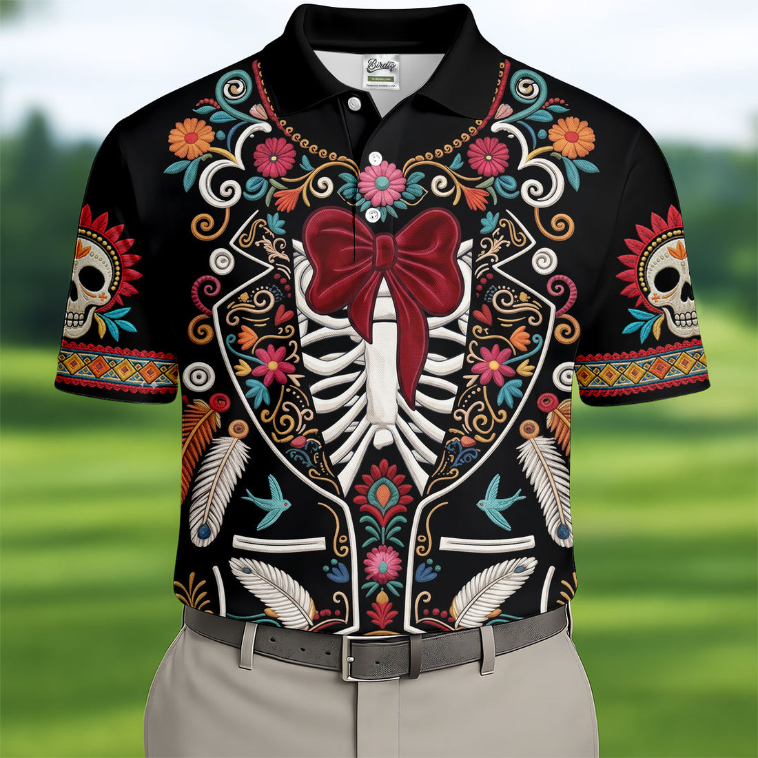 Skeleton With Flower Cinco De Mayo Celebration Golf Tops For Men, Fiesta Theme Golf Shirts For Men