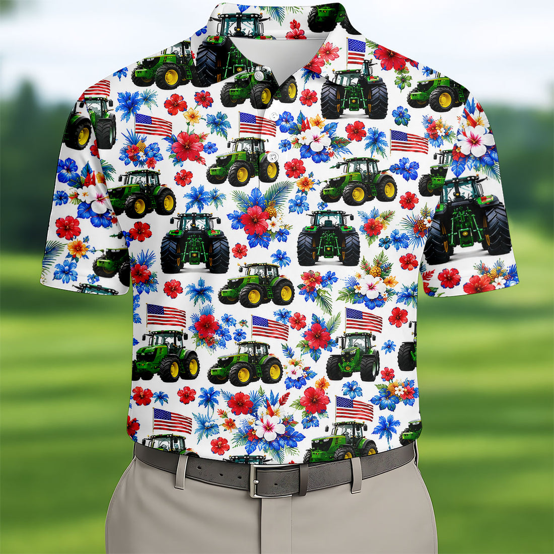 American Tractor Golf Shirt, Patriotic Wildflower Country Farm Pattern, Golf Shirt For Men