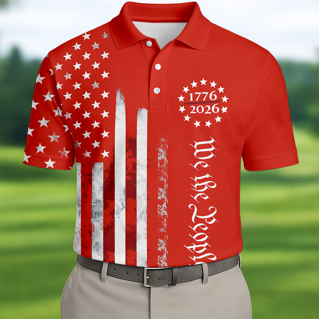 We The People Distressed Flag Patriotic Red Golf Shirt, 250 Years 4th Of July Golf Shirts For Men