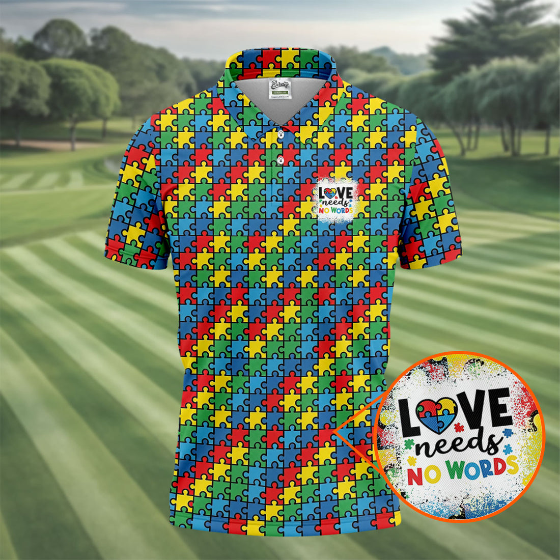 Love Needs No Words Autism Awareness Jigsaw Puzzle Pieces Men's Golf Shirt, Polo Shirts For Men