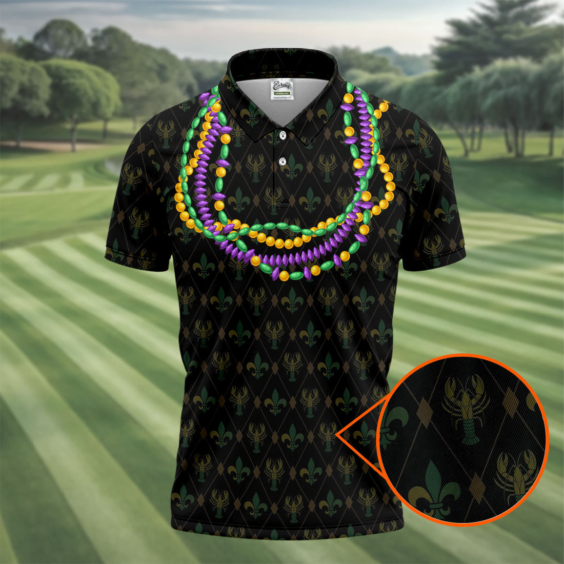 Mardi Gras Beads Chain Crawfish Fleur De Lis Black Golf Shirt, Polo Shirts For Men, Golf Shirts For Men