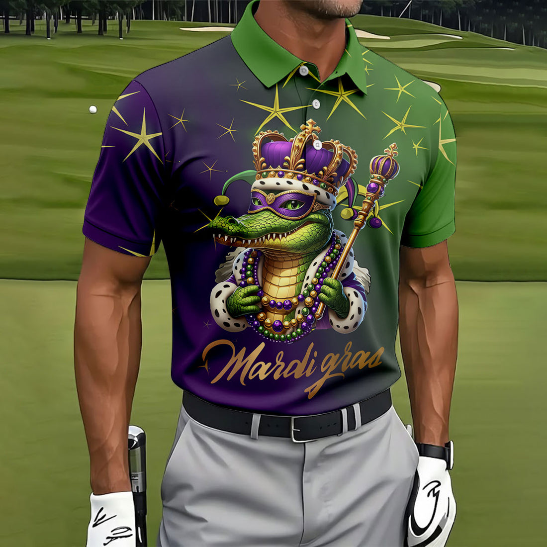 Mardi Gras Aligator Crown Mask Purple Green Gold Golf Tops For Men, Polo Shirts For Men, Golf Shirts For Men