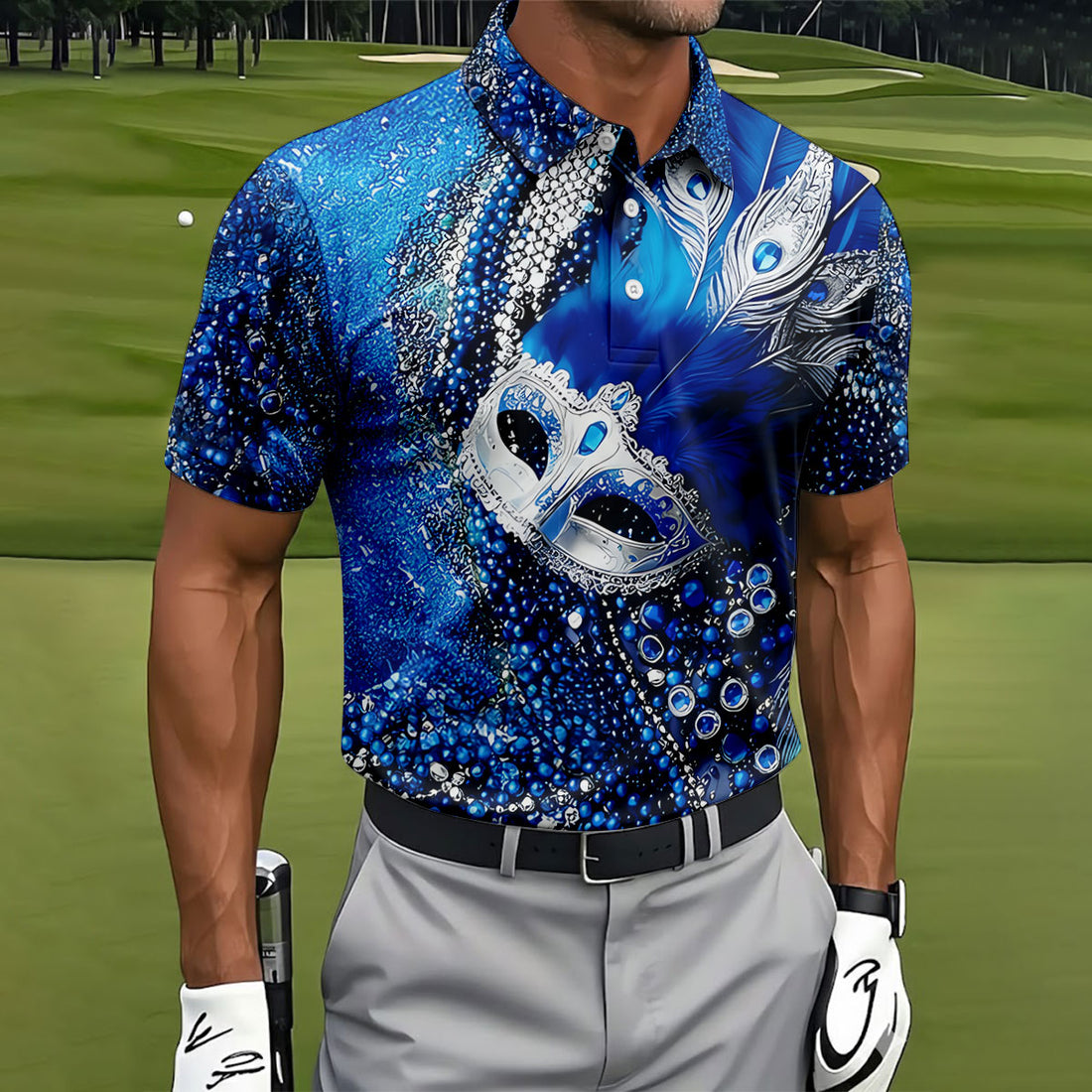 Mardi Gras Masquerade Mask Feather Beads Blue Golf Shirt, Polo Shirts For Men, Golf Shirts For Men