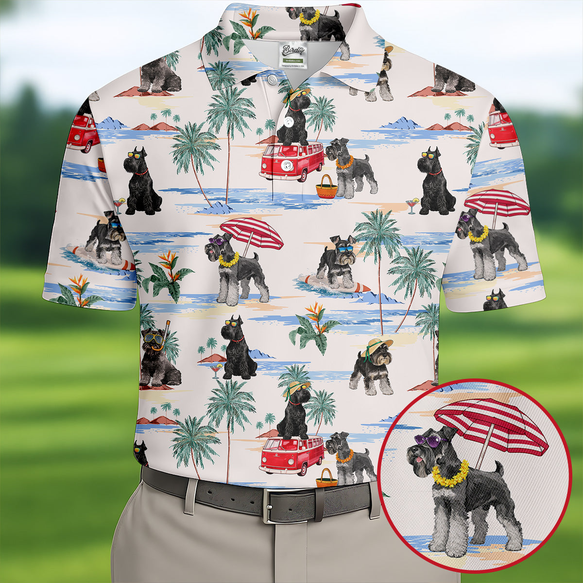 BirdieTee Schnauzer Hawaiian golf polo