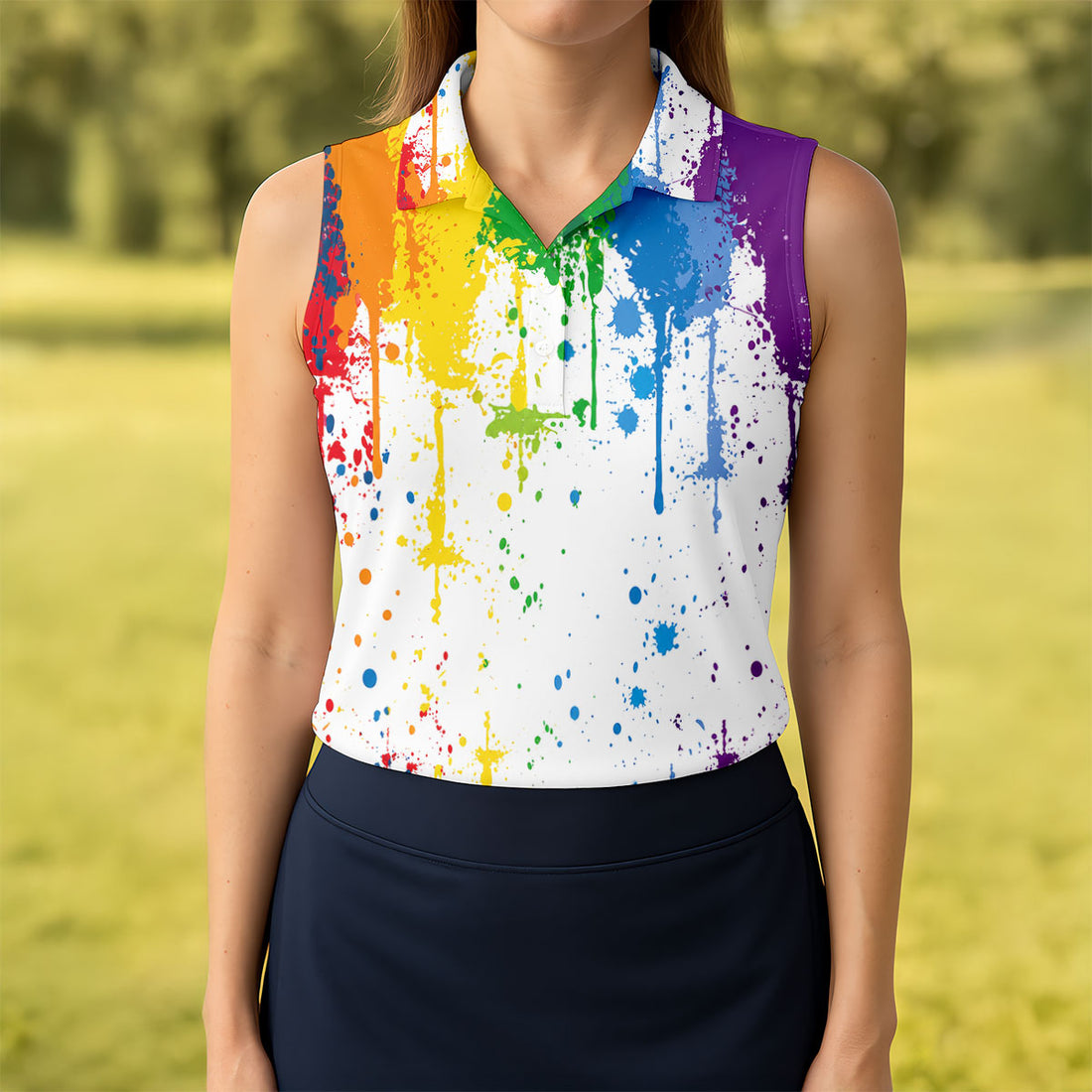 Rainbow Paint Splatter LGBT Support Ladies Golf Tops, Pride Month Golf Shirt For Women