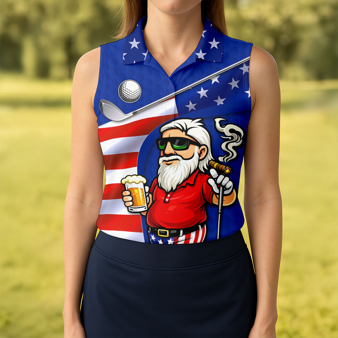 Swing Swear Drink Repeat Golf And Beer Patriotic Man 4th Of July Navy Golf Shirt, 250 Years Women's Golf Tops