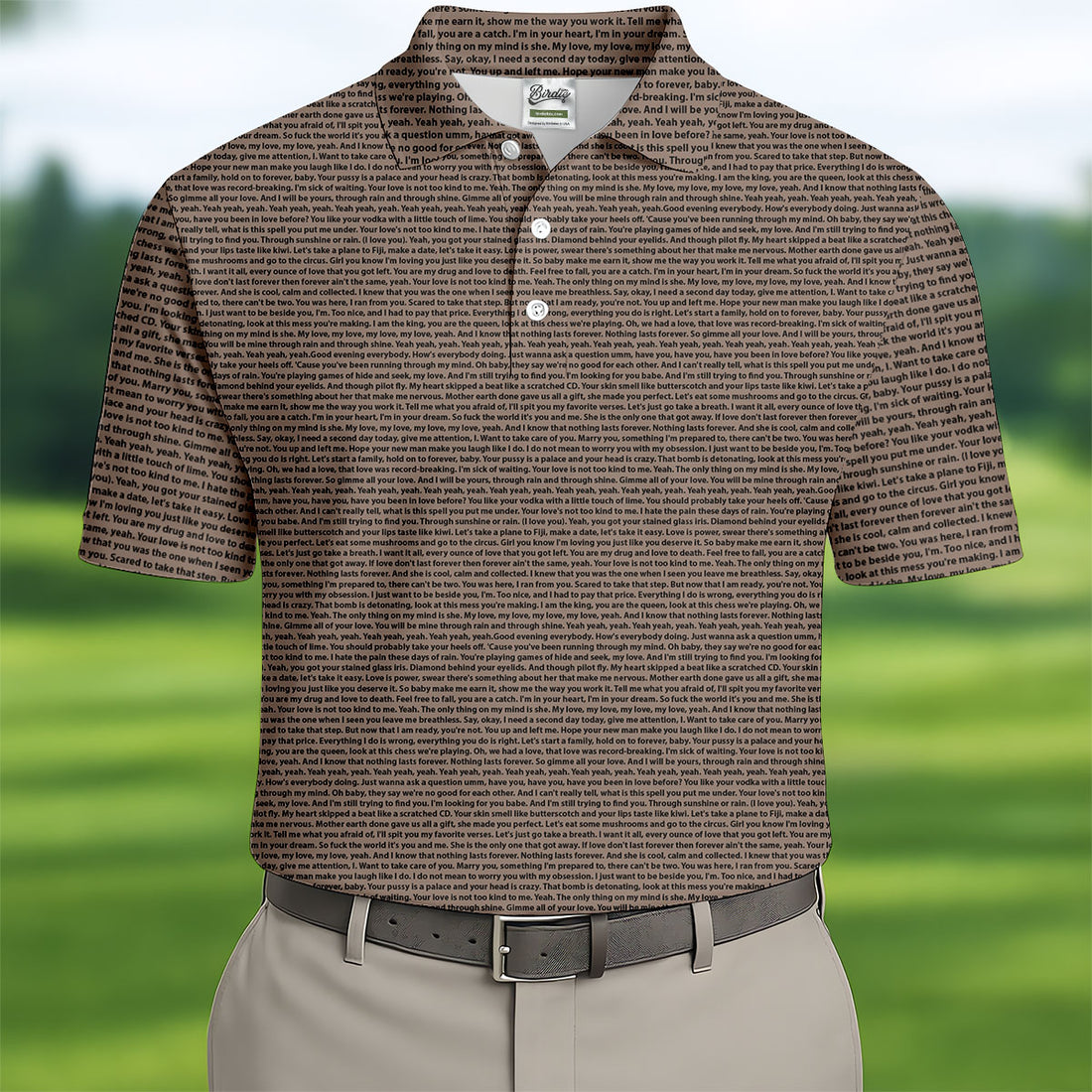 Cream Text Pattern Golf Polo Shirt, Golf Shirts For Men, Printed Golf Shirts
