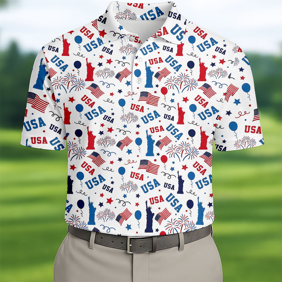 USA Red White Blue Seamless Pattern White Golf Shirt, 250th Anniversary Patriotic 4th Of July Golf Shirts For Men