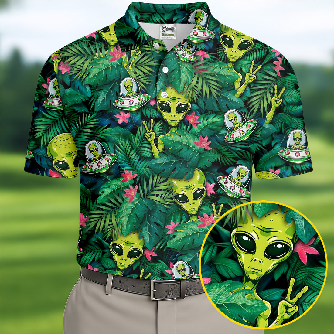 UFO and Alien Tropical Forest Hawaiian Golf Polo, Golf Tops For Men, Golfing Apparel