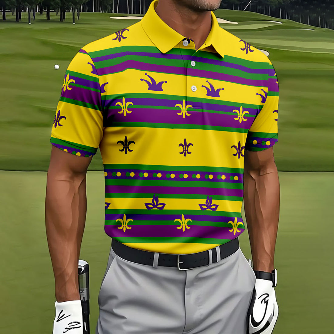 Mardi Gras Fleur De Lis Purple Green Gold Horizontal Stripes Golf Tops For Men, Polo Shirts For Men