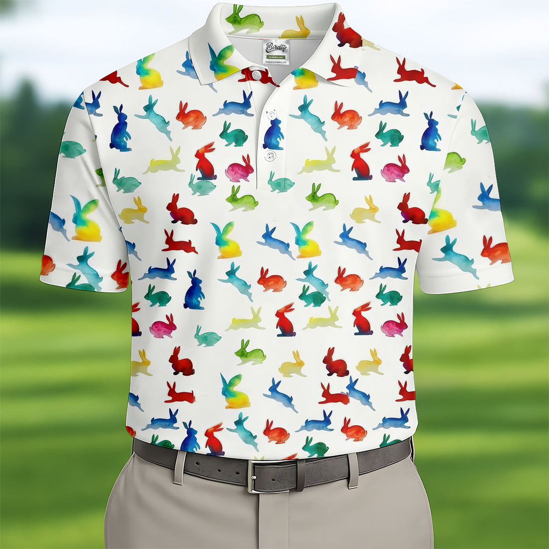 Colorful Bunny Funny Golf Shirt, Easter Bunny Pattern Golf Tops For Men, Golf Shirts For Men