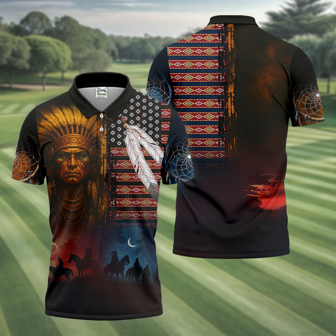 Native Heritage Red & Blue Golf Tops For Men, Native American Ancestry Polo Shirts For Men, Indigenous Peoples Month