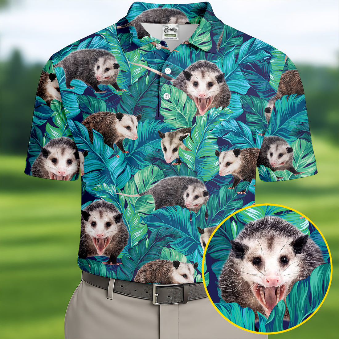 Playful Opossums Among Tropical Leaves Hawaiian Golf Polo, Golf Tops For Men, Golfing Apparel